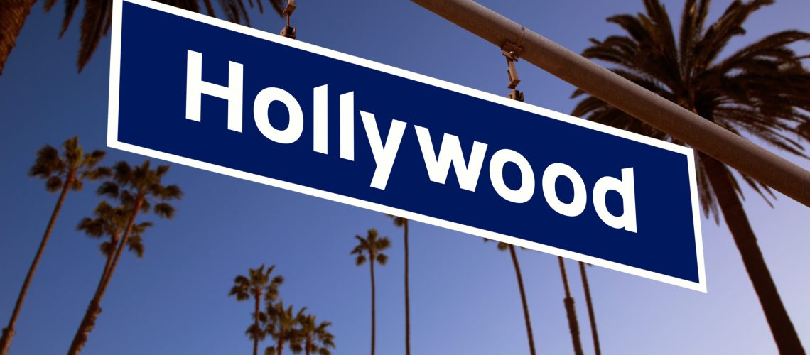 Hollywood redlight sign illustration over LA Palm trees background